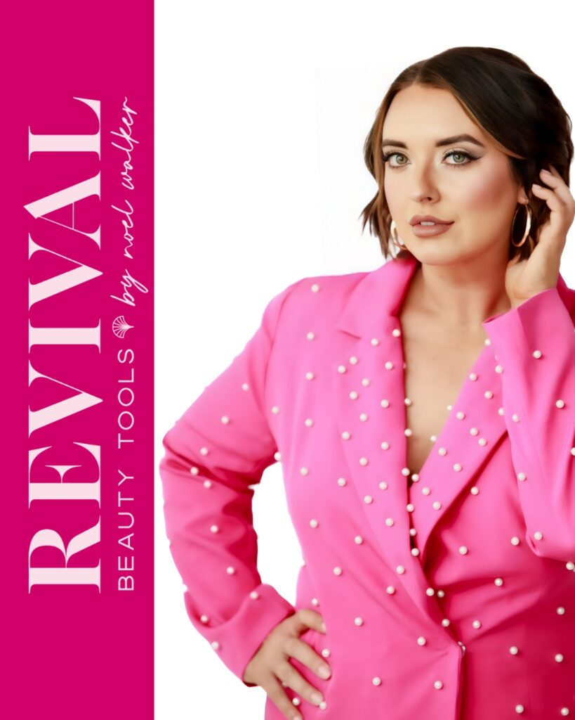 A stylish promotional portrait for Revival Beauty Tools by Noel Walker, with a woman in a vibrant pink jacket adorned with pearls.