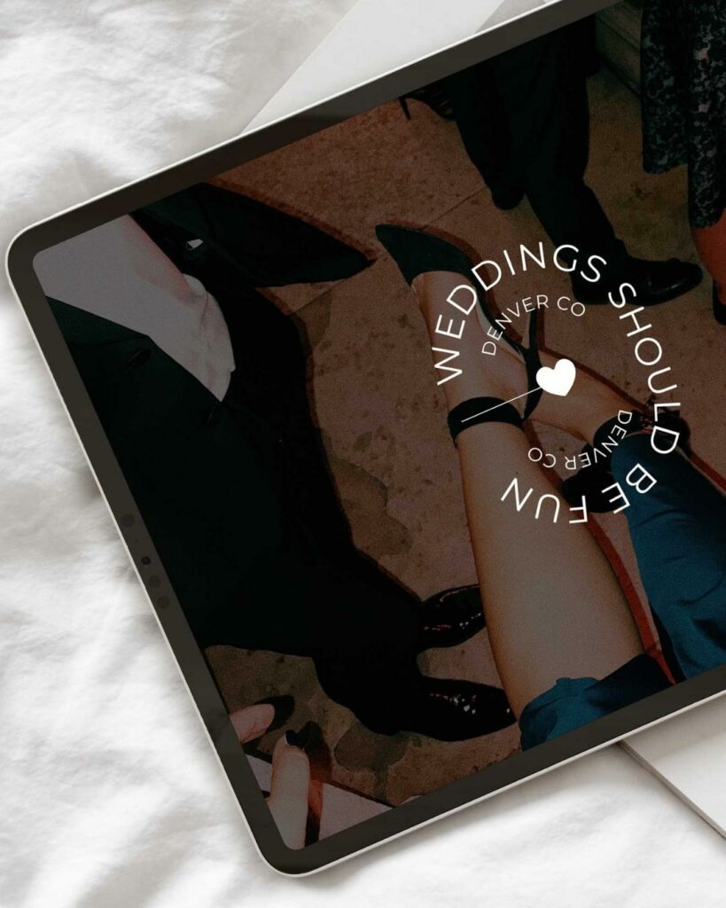 A tablet showcasing a wedding planning website with the text 'Weddings should be fun' over an image of a couple's feet.