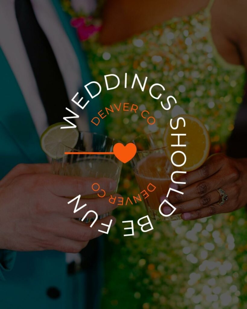 A close-up image focusing on a couple clinking glasses with the text 'Weddings should be fun' overlaid.