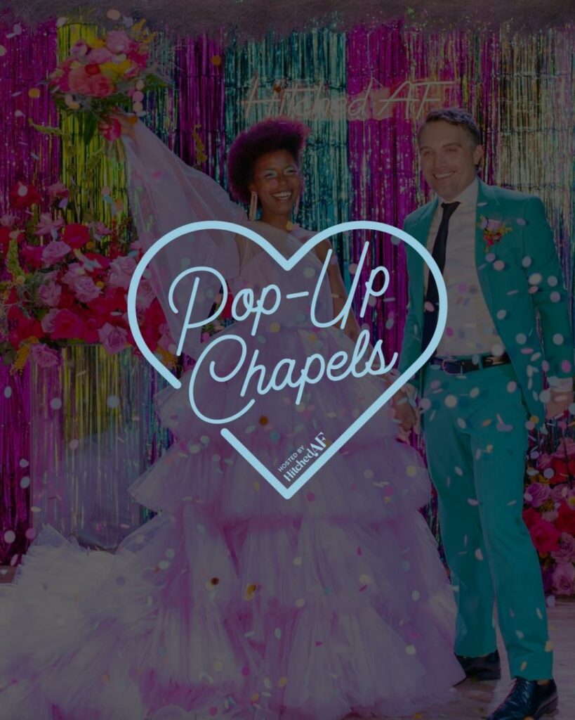 A playful and colorful promotional image for Pop-Up Chapels by HitchedAF, featuring a smiling couple in front of a floral background.