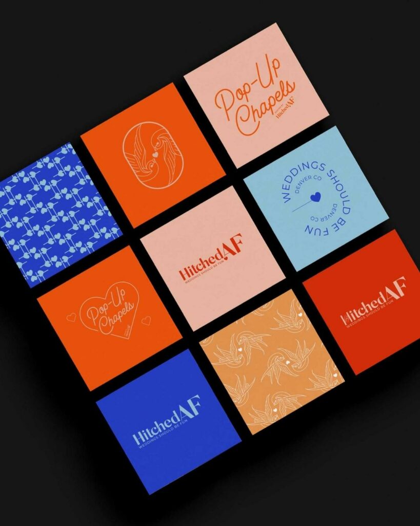 A creative assortment of HitchedAF branding elements displayed in a grid.