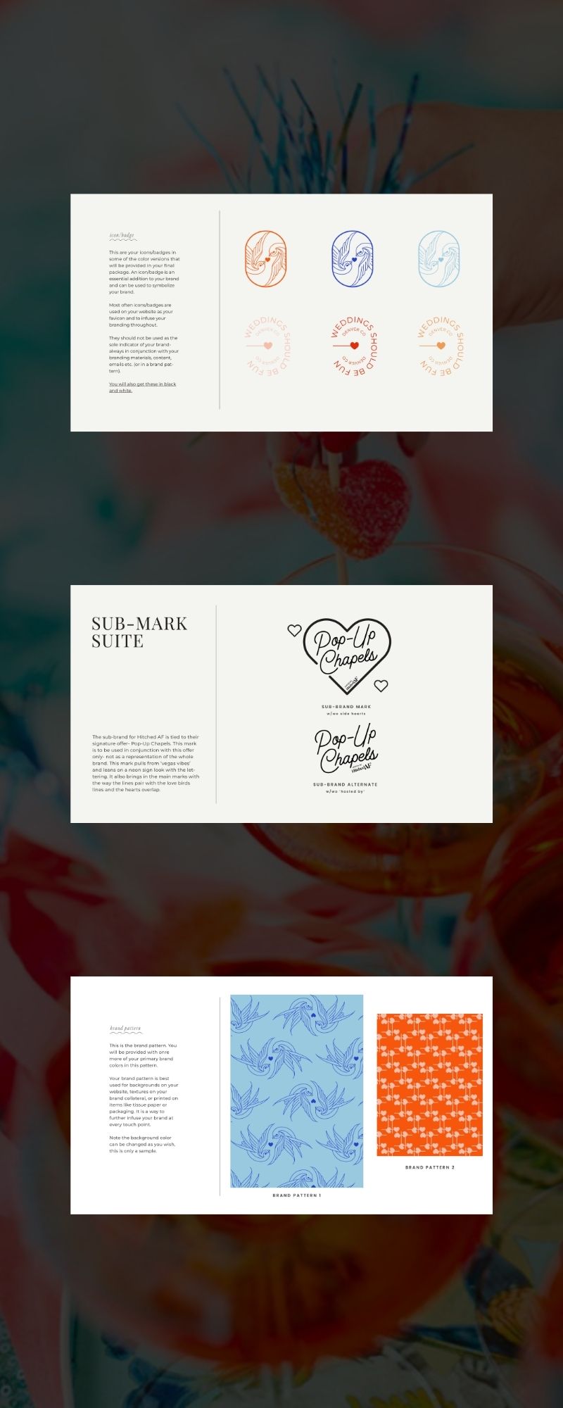 Three internal brand guide pages showing the inner details of the strategy behind a wedding planner logo.