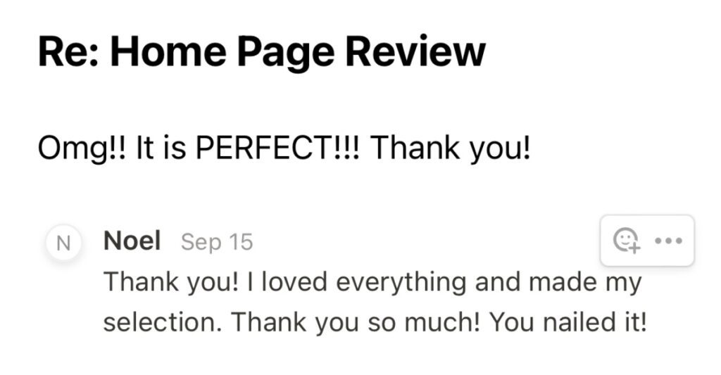 Screenshot of a satisfied customer review for a home page design, with the customer exclaiming 'Omg!! It is PERFECT!!! Thank you!'