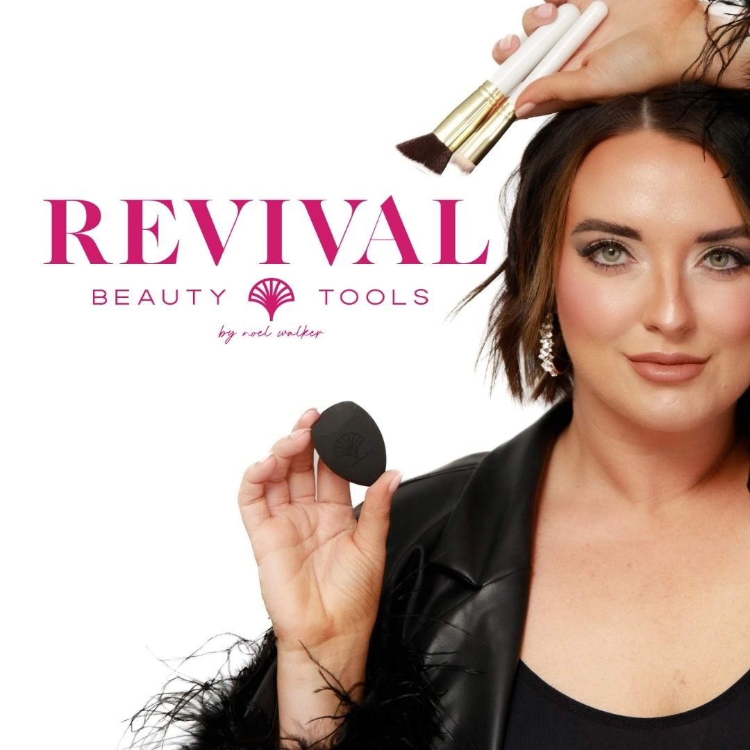 Image for Revival Beauty Tools by Noel Walker, featuring a confident woman holding a makeup sponge with a brush poised above her head