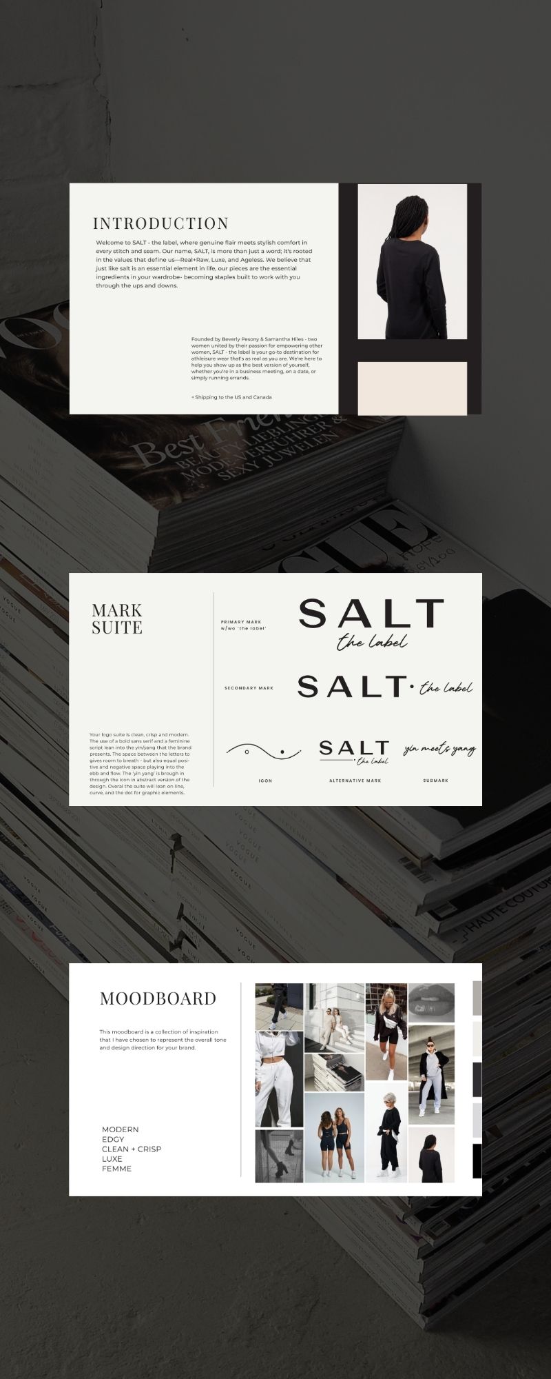 Pages of a brand guide showing the why behind the design for SALT - The Label.