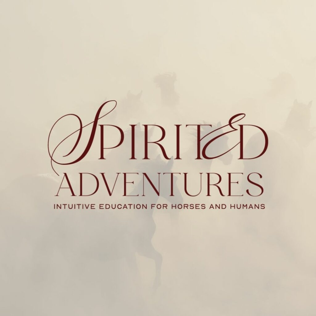 Logo of Spirited Adventures, a horse education brand, featuring elegant script overlaid on a misty backdrop with faint silhouettes of horses, highlighting their focus on intuitive education for horses and humans.