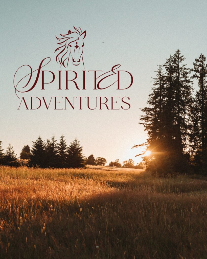 Golden hour over a serene meadow with the 'Spirited Adventures' logo overlaying a picturesque scene of tall trees and a setting sun.