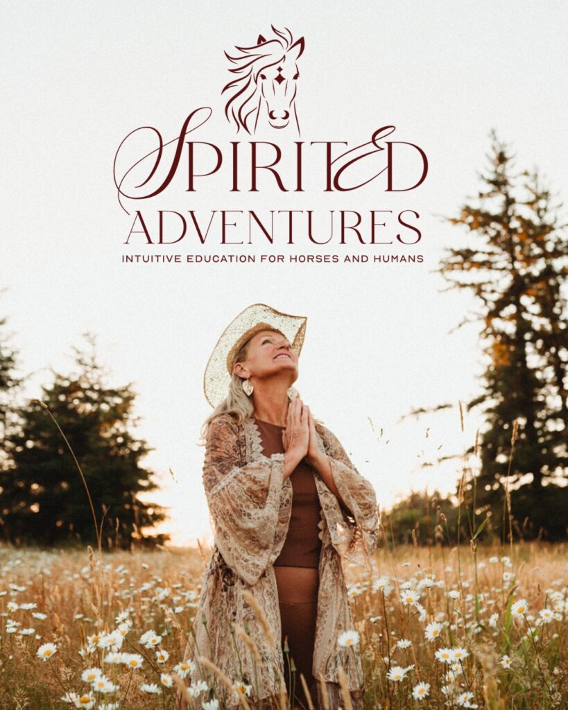A woman in a sunhat and lace shawl standing in a wildflower field at sunset, with the 'Spirited Adventures' logo and text 'Intuitive Education for Horses and Humans' above her.