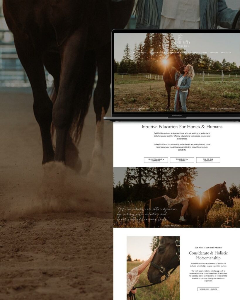 A web page design featuring 'Spirited Adventures' with images of a close-up of a horse's hooves, a woman and horse at sunset, and horseback riding through a field.