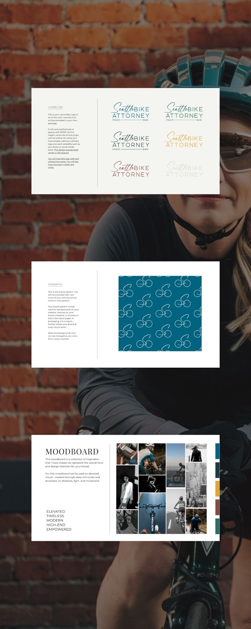 Brand board for Seattle Bike Attorney showing variations of the logo in different colors, a branded pattern with bicycle icons on a teal background, and a mood board with dynamic cycling images to represent the brand’s essence.