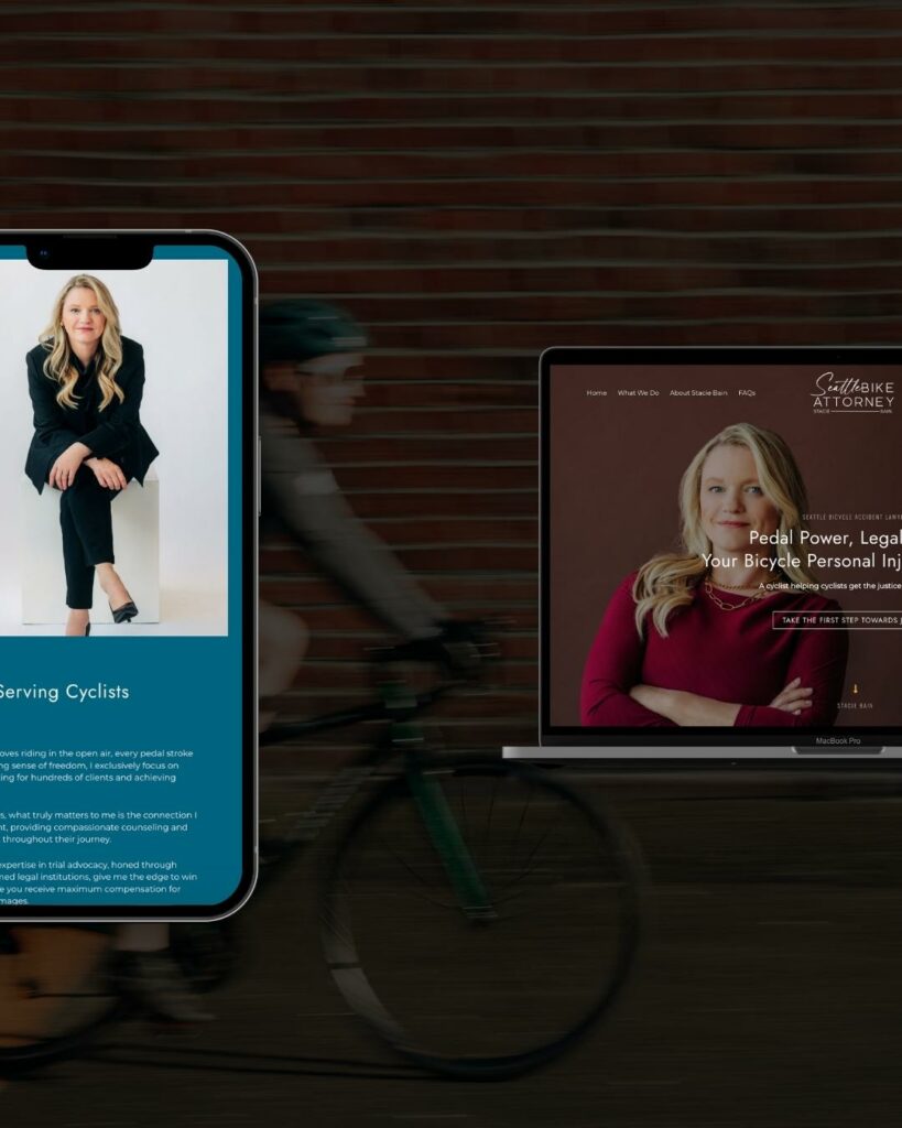 Mobile device and laptop side by side, each displaying the attorney’s portrait and cycling imagery for Seattle Bike Attorney.