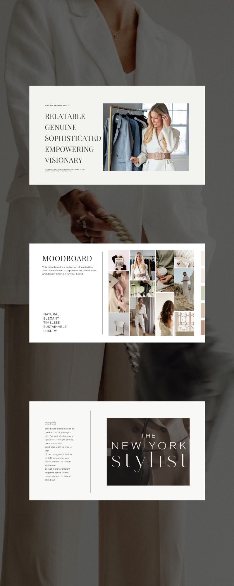 Internal brand design pages showing the strategy for The New York Stylist