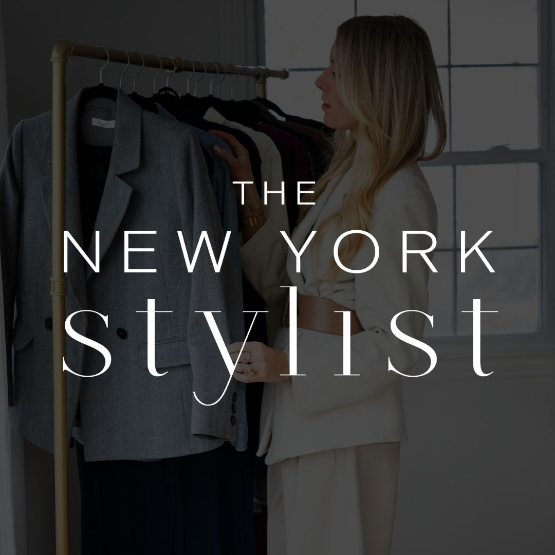 Text that says The New York Stylist overlaid on a photo of a woman going through a clothes rack.
