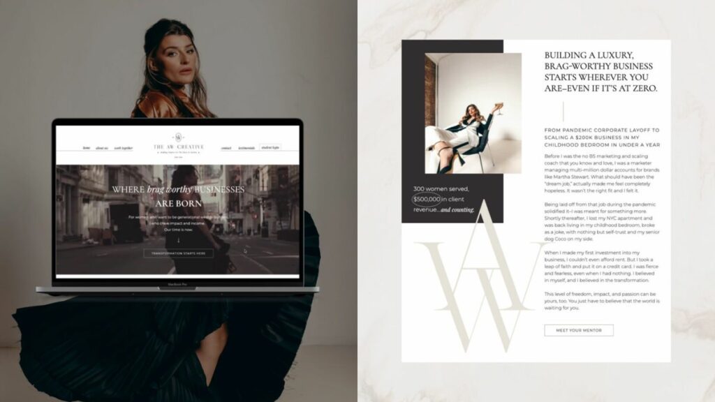 A sophisticated laptop display of 'The AW Creative' website, highlighting luxury, brag-worthy business coaching services for entrepreneurial women, with a success story and statistics featured on an adjacent page.