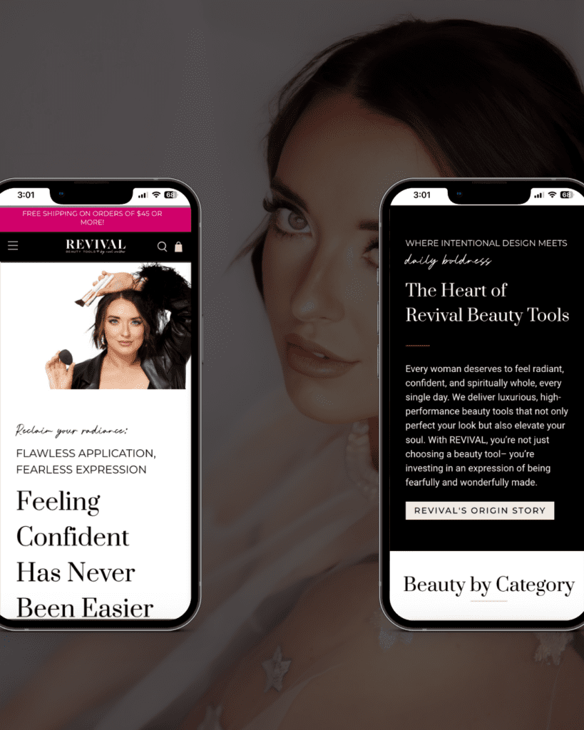 Two smartphones displaying the Revival Beauty Tools website homepage, with a banner featuring a confident woman holding a makeup brush, alongside the tagline 'Feeling Confident Has Never Been Easier