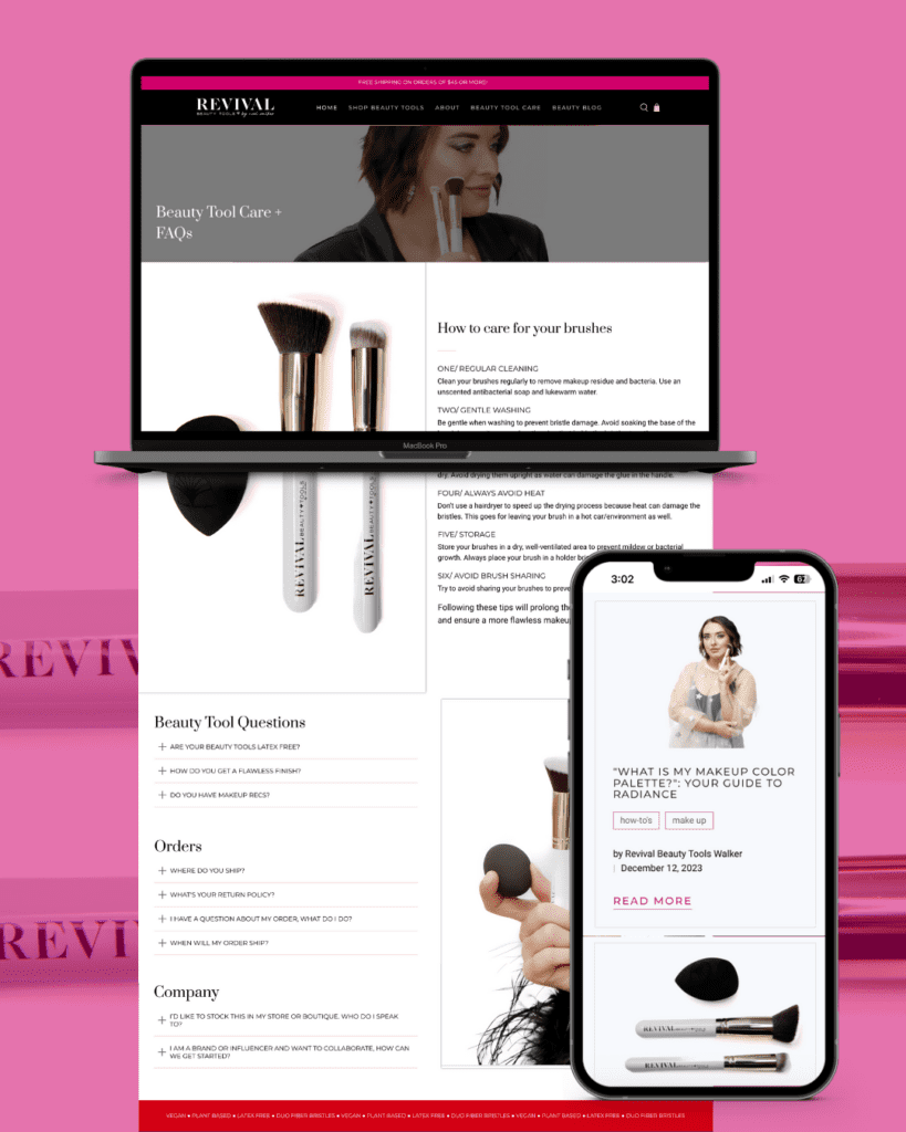 A laptop with the Revival Beauty Tools website open on the screen, showing a 'Beauty Tool Care + FAQs' section with images of brushes and care tips, beside a smartphone displaying a blog post titled 'What is my makeup color palette?
