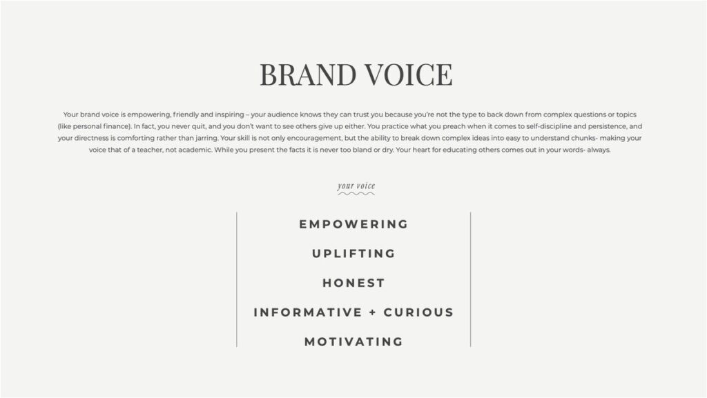 A brand voice graphic with text describing the brand voice as 'Empowering', 'Uplifting', 'Honest', 'Informative & Curious', and 'Motivating', set against a clean, minimalist background.