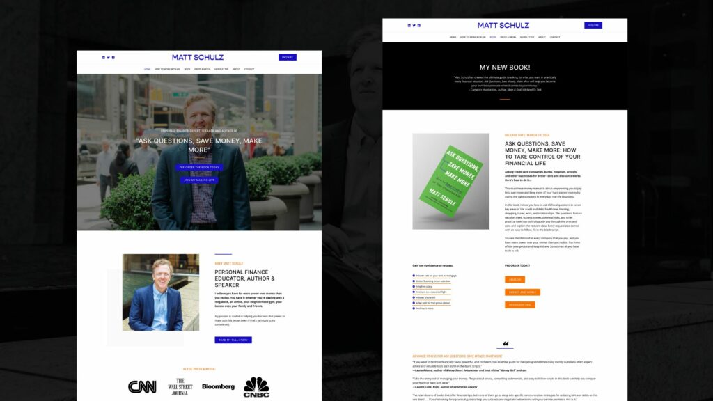 Homepage of Matt Schulz's website featuring a banner with his portrait and a call-to-action for his book, 'Ask Questions, Save Money, Make More!' and media logos like CNN and Bloomberg