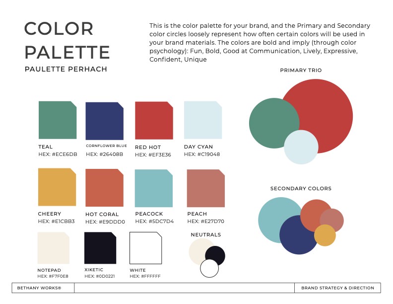 A color palette graphic for Paulette Perhach's brand, displaying a range of colors with their names and hexadecimal codes, accompanied by descriptive attributes like 'Fun', 'Bold', and 'Confident'.