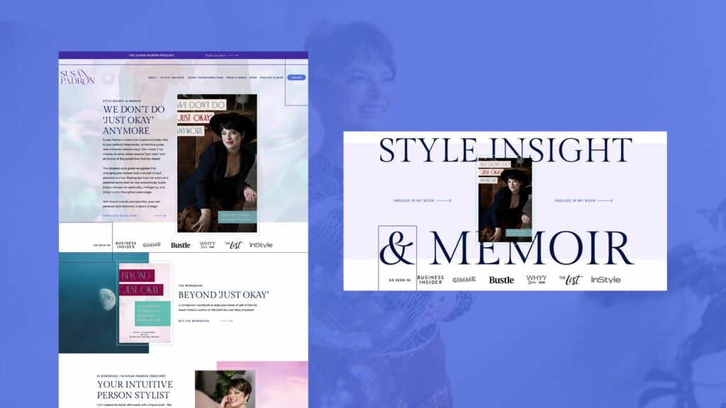 Susan Padron's website presenting her book 'We Don't Do Just Okay Anymore' alongside her portrait, set against a blue backdrop with media logos like InStyle and Bustle