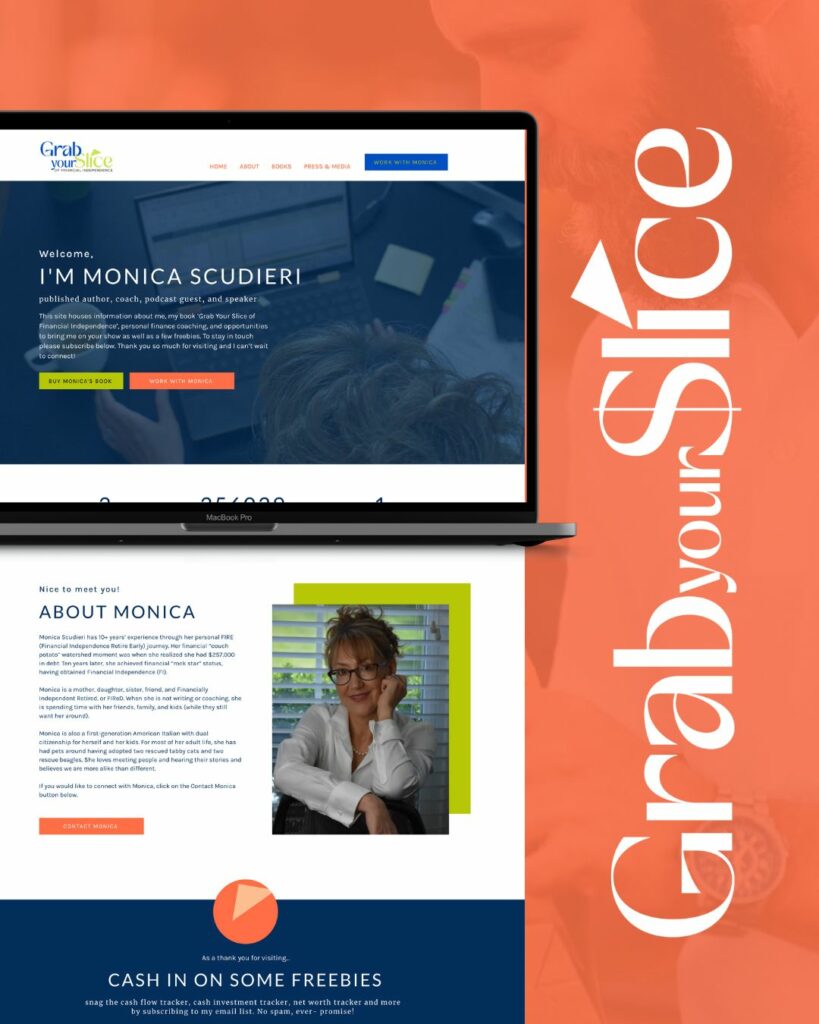 Homepage screenshot of 'Grab Your Slice' website with a welcoming message from Monica Scudieri and a portrait of her smiling with a logo up the right side of the image