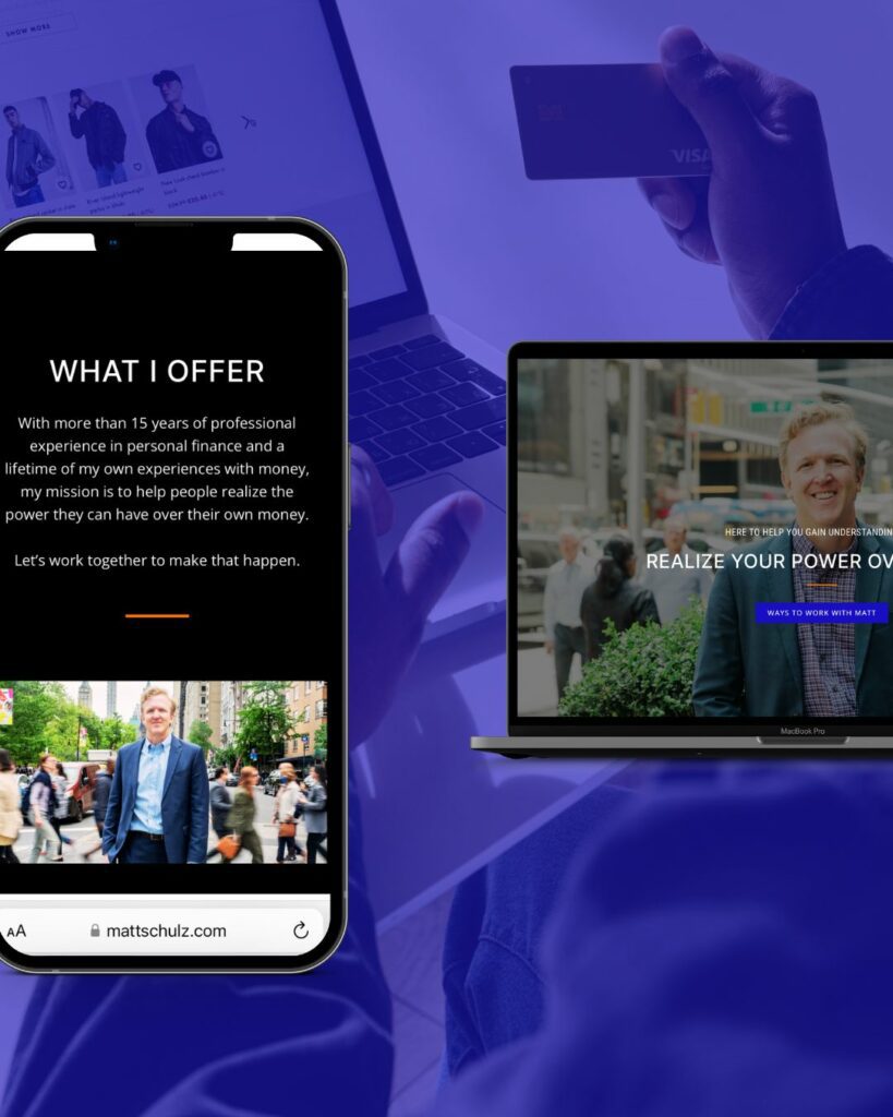 A smartphone and a laptop displaying financial expert Matt Schulz's website with text 'What I Offer' describing his mission to help people with personal finance. A hand holding a credit card and a blurred cityscape with Matt's portrait are also visible