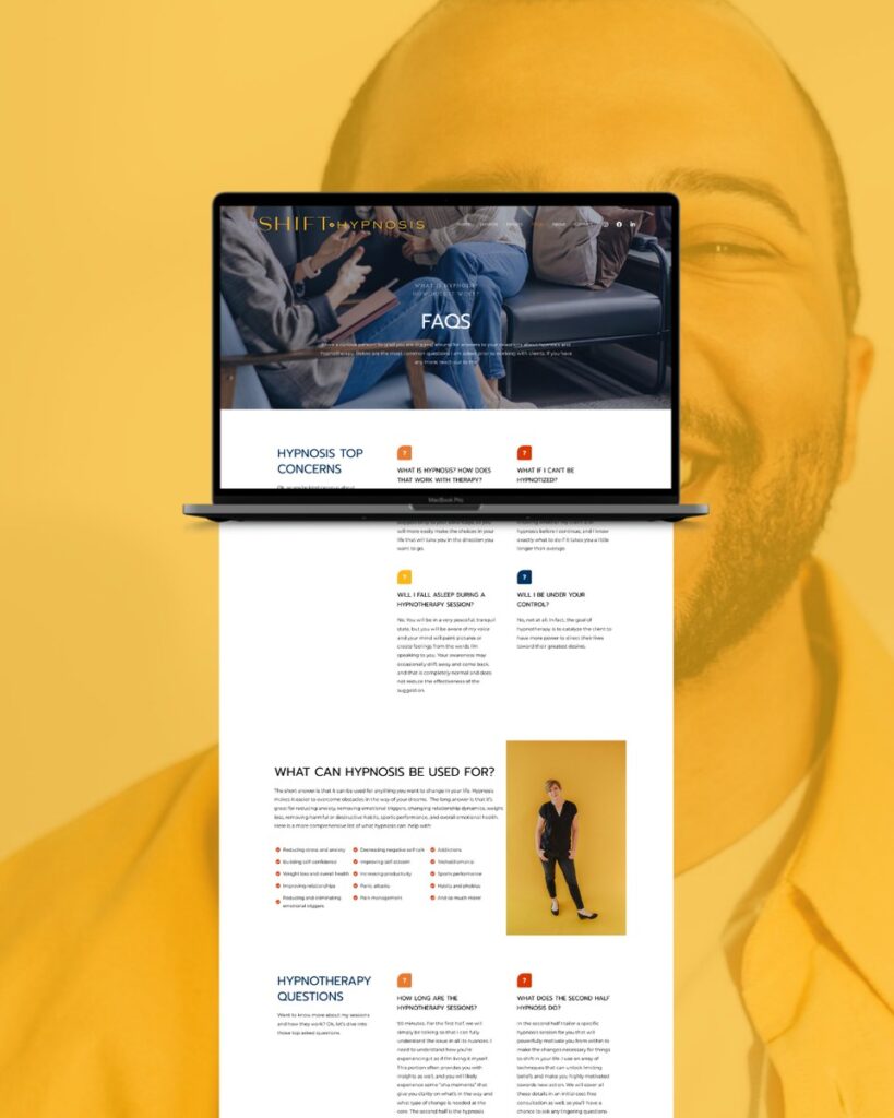 "Shift Hypnosis" website preview on a laptop with a mustard yellow background, showcasing a homepage with FAQs and a section on hypnosis uses, blending professional and approachable design elements