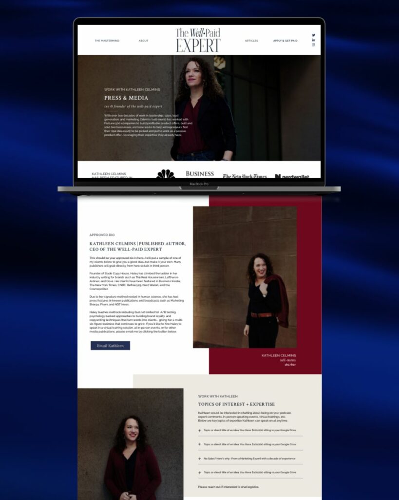 Promotional website page for 'The Well-Paid Expert' with a featured image of Kathleen Celmins and mentions of media outlets like NBC and The New York Times