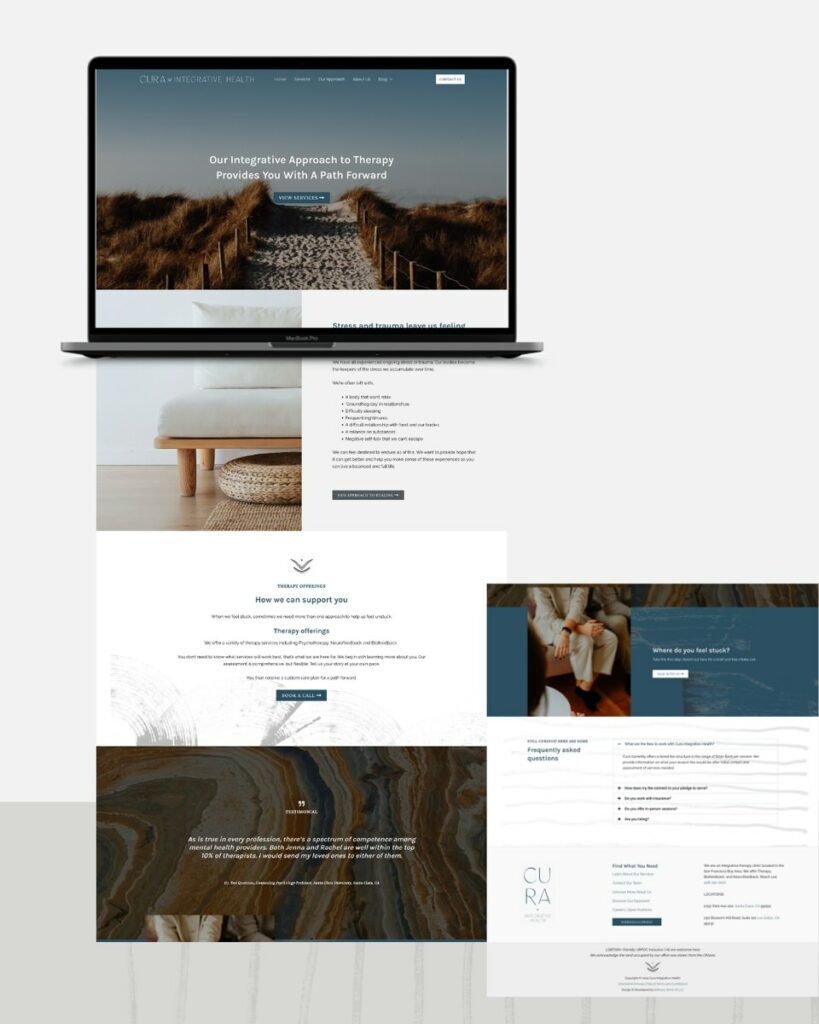 A MacBook showcasing a therapy website homepage with a scenic header image, text about supportive therapy, and a comforting and welcoming design layout.