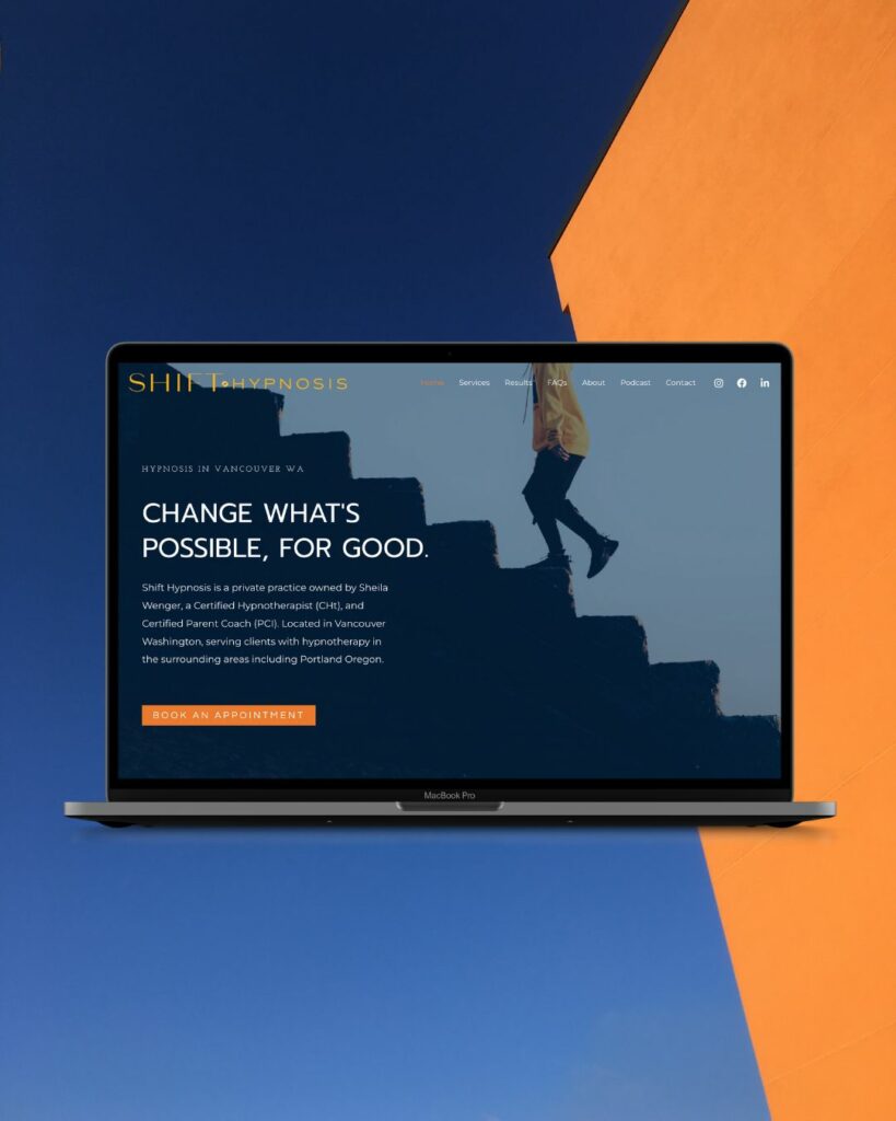 A therapy practice homepage with a bold header "Change What's Possible, For Good." featuring a staircase graphic, on a laptop against a stark blue and orange background 
