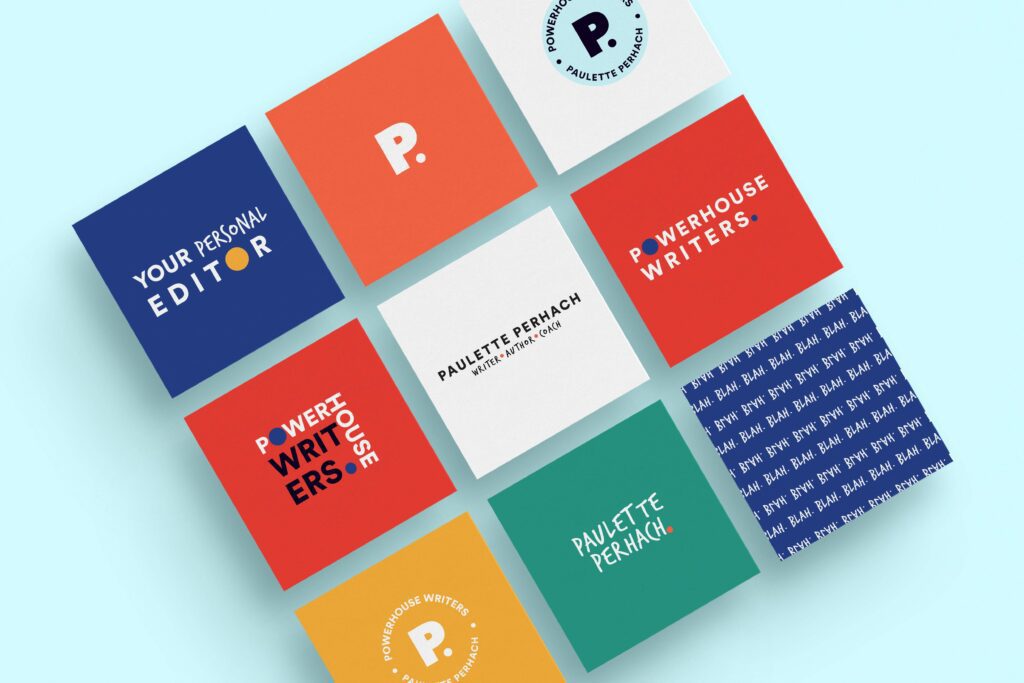 Graphic collection of colorful business cards and promotional squares with the branding 'Powerhouse Writers' and 'Paulette Perhach