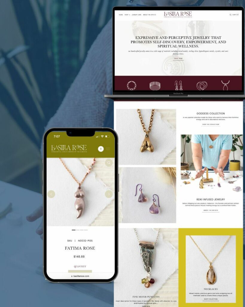 A close-up view of the Basilia Rose jewelry website on a smartphone, featuring the Fatima Rose necklace, with other jewelry pieces and the website's menu in the background