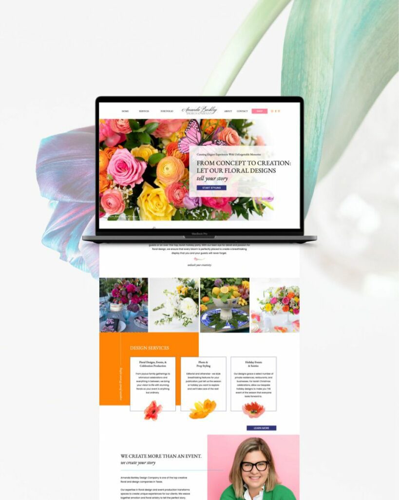 A computer screen displaying the vibrant 'Amanda Bradley' floral design services webpage, with images of various flower arrangements and descriptions of design services offered
