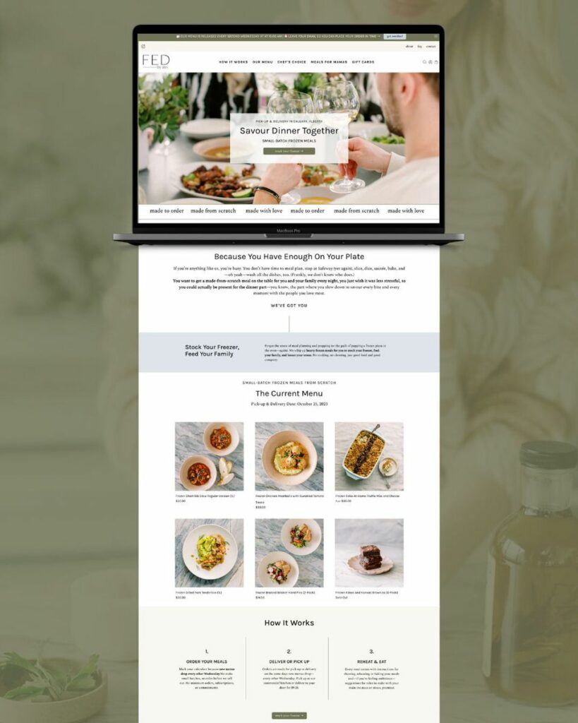 A computer screen displaying the FED by Alex website with a header reading 'Savour Dinner Together' and sections detailing how the meal service works, including images of the current menu
