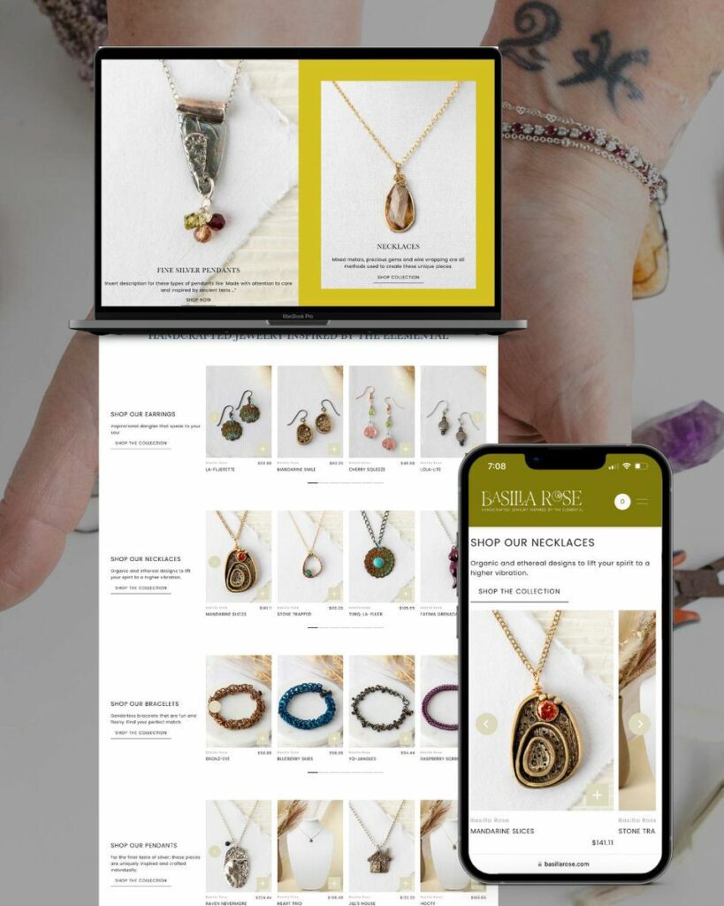 A desktop computer and a smartphone side by side, both displaying the Basilia Rose jewelry website, showcasing various handcrafted necklaces and earrings with intricate designs