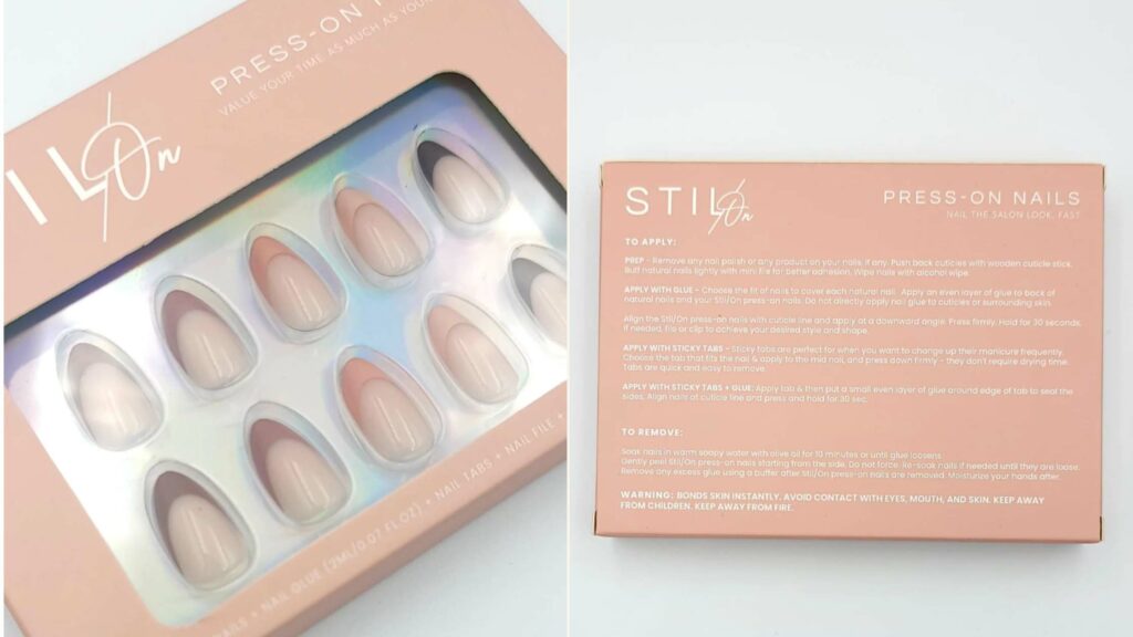 An array of STIL's press-on nails is presented in a delicate pink package that reads 'PRESS-ON NAILS – NAIL THE SALON LOOK, FAST.' Detailed application instructions are visible on the adjacent pink box, emphasizing ease and efficiency