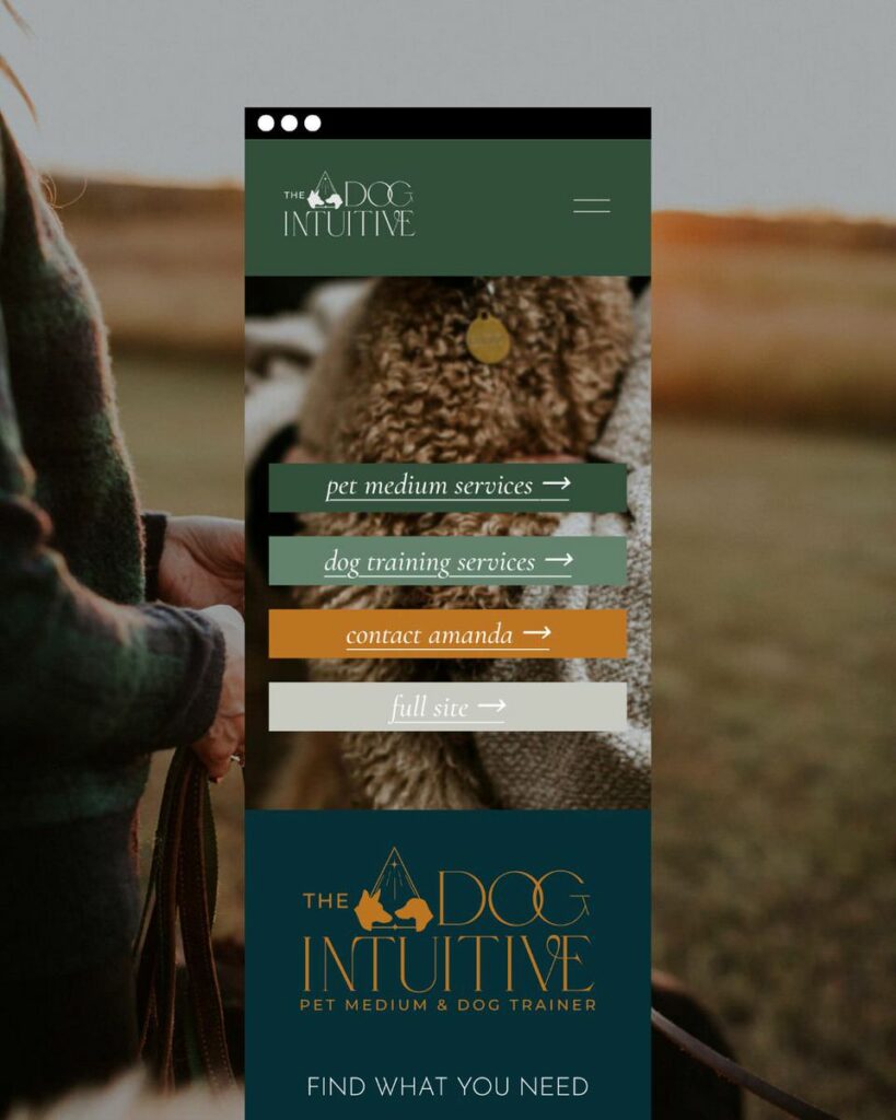 A mobile website preview for "The Dog Intuitive" on a tablet held in landscape orientation, displaying menu options like "pet medium services" and "dog training services."