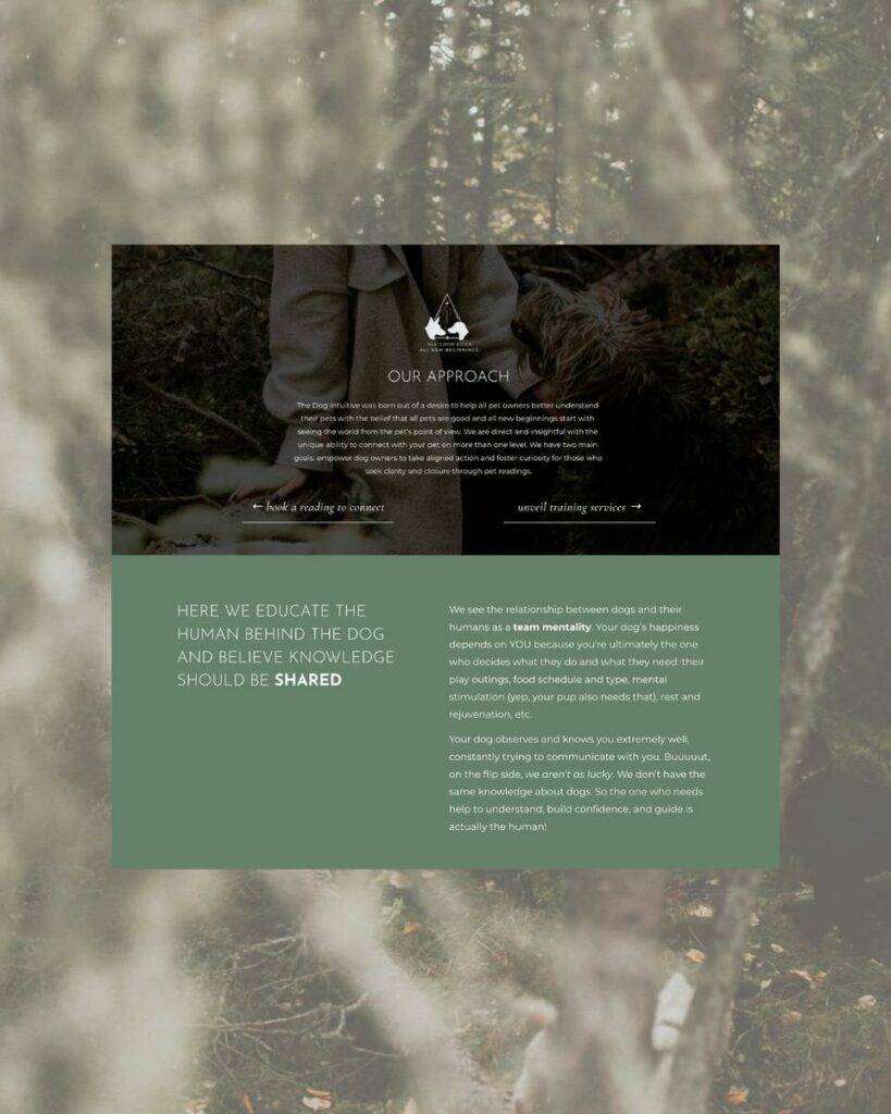 A part of the "The Dog Intuitive" website displayed on a screen, overlaid with translucent tree branches, with text discussing the relationship between dogs and their owners and promoting educational services.