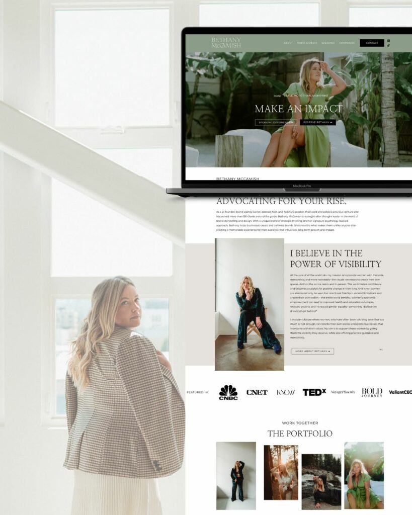 A website page mockup overlaid on a photo of a woman looking over her shoulder. 