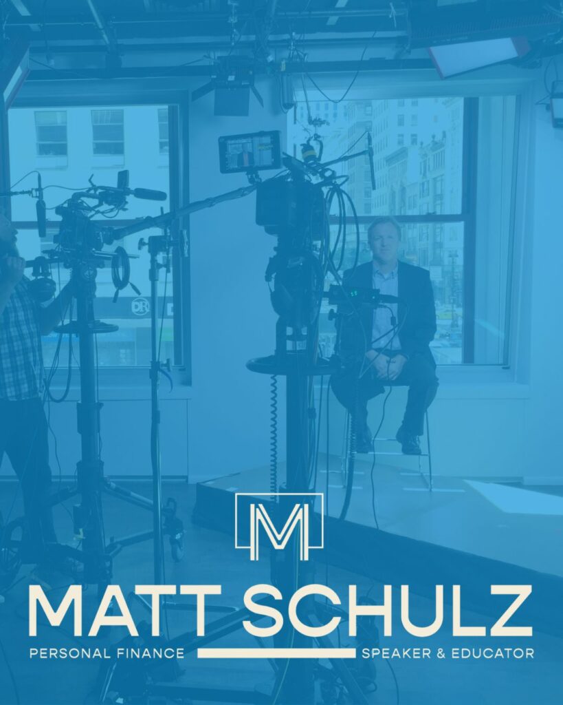 A man sitting in a new studio with a blue overlay over the photo and a logo on the bottom that reads "Matt Schulz - personal finance, speaker, & educator"