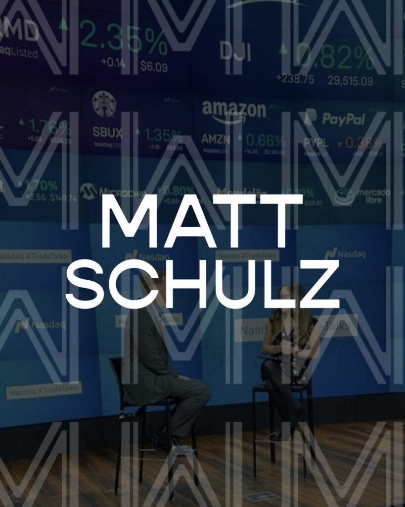 Two people on a stage talking with a brand pattern over the image and a logo in the middle that reads "Matt Schulz"
