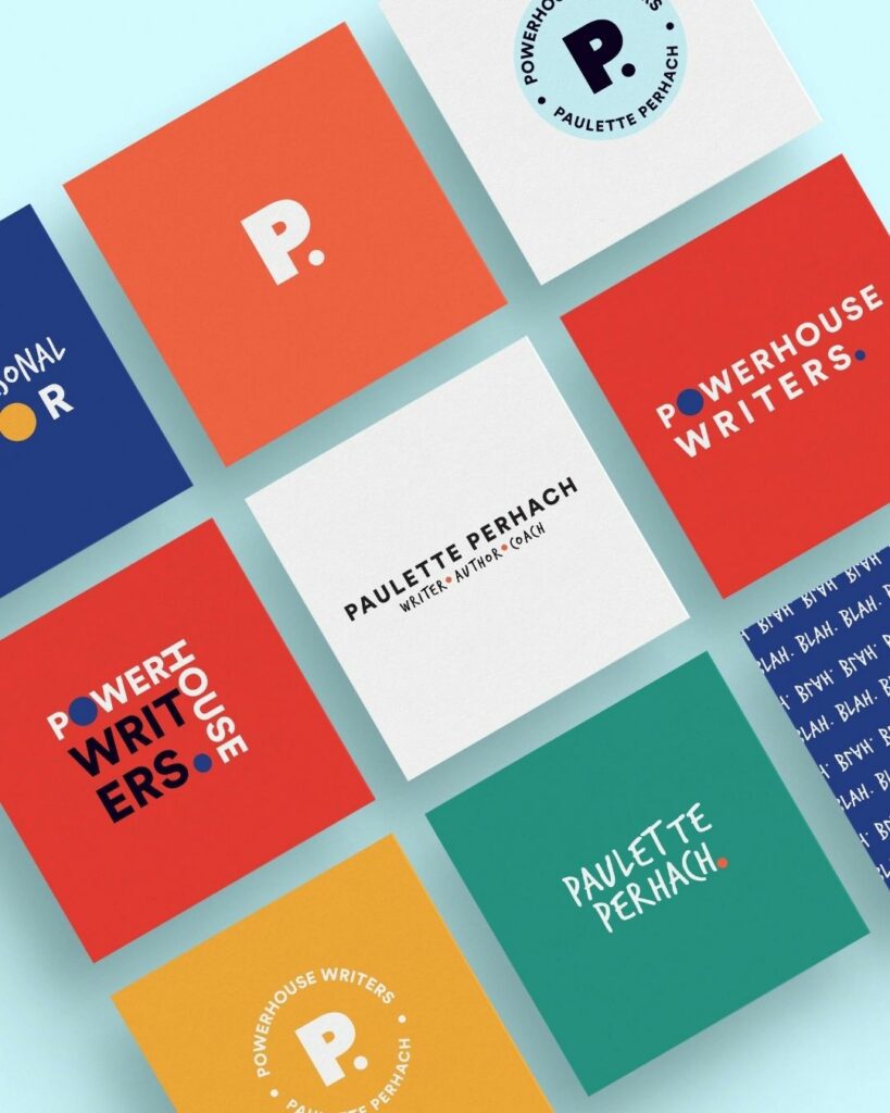 A grid of various logos and brand marks for Paulette Perhach and Powerhouse Writers on colored squares

