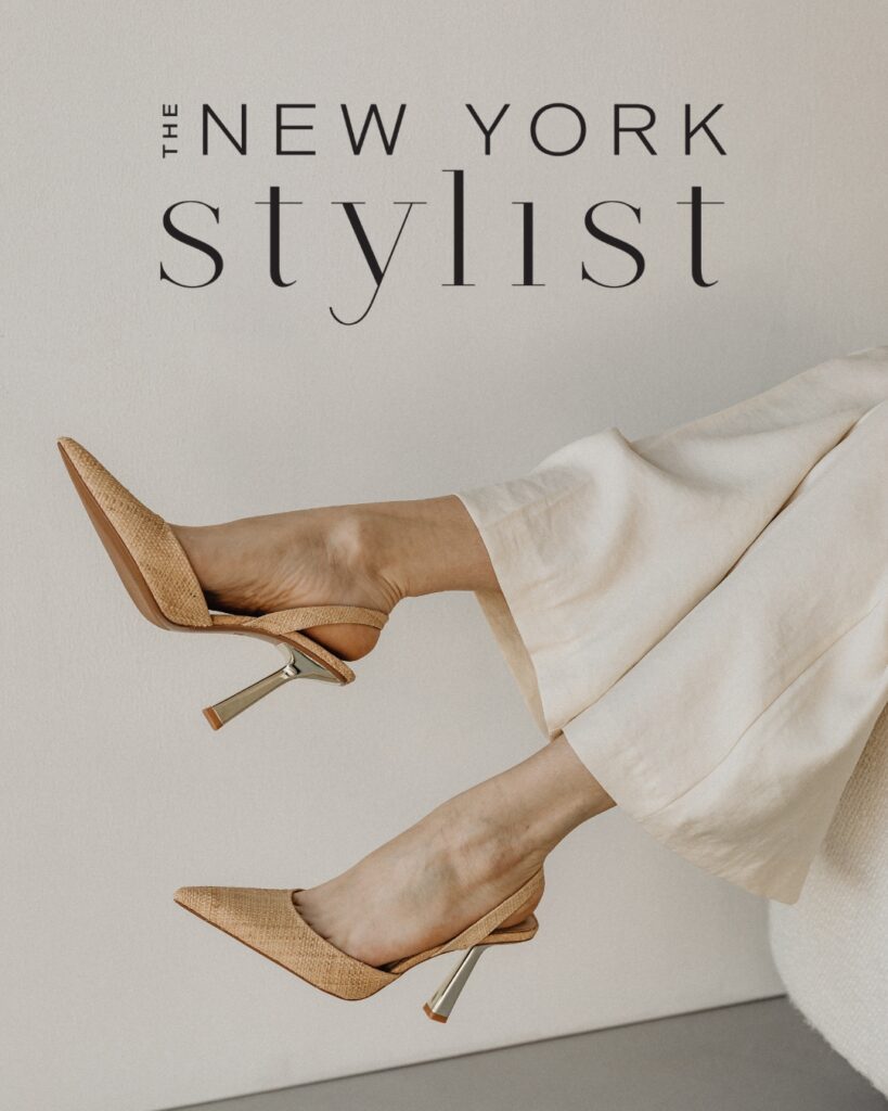 Legs hanging over the side of a chair with a logo on the top of the top of the image that reads "The New York Stylist"